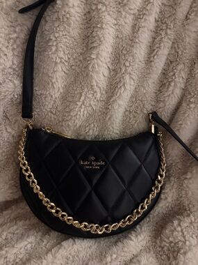 kate spade Black Quilted Crescent Shoulder Bag with Gold Chain